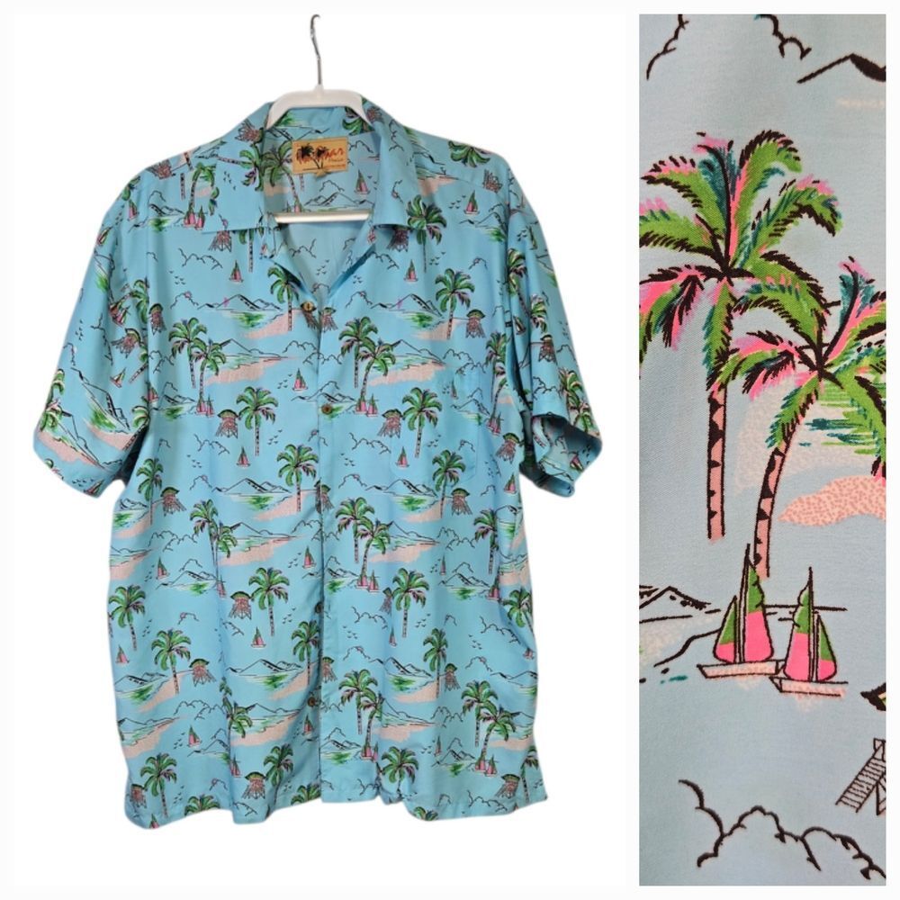 Ingear Mexico Palm Tree Hawaiian Shirt Aqua Blue Short Sleeve Button Down XXL